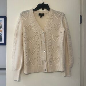 Charter Club 100% Cashmere Ivory, Cream pom pom hearts Cardigan, pearl button XS